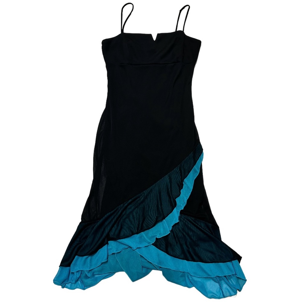 VTG 90s Black Blue Ruffle Maxi Prom Dress Size Medium
